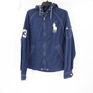 Polo Ralph Lauren jacket men's Large Navy Big Stitched Logo Hooded cotton nylon